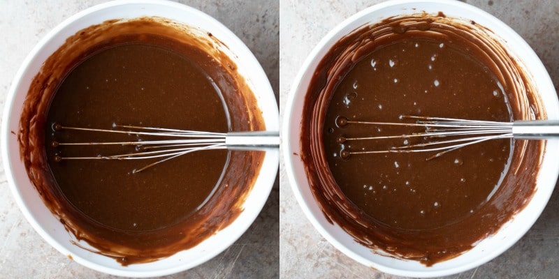 Molten chocolate cake batter in a white mixing bowl