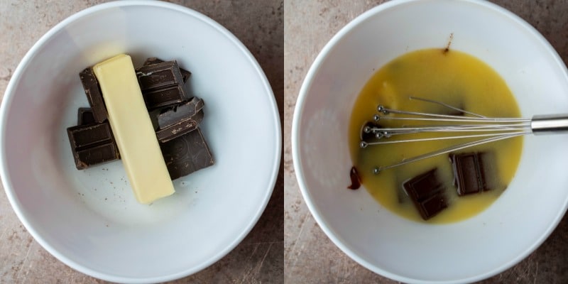 Butter and baking chocolate in a white bowl