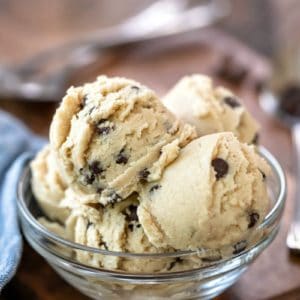 Scoops of edible cookie dough in a glass bowl