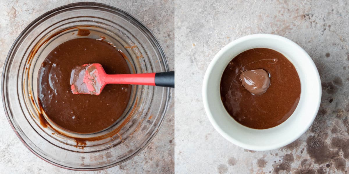 Molten nutella cake batter in a glass mixing bowl
