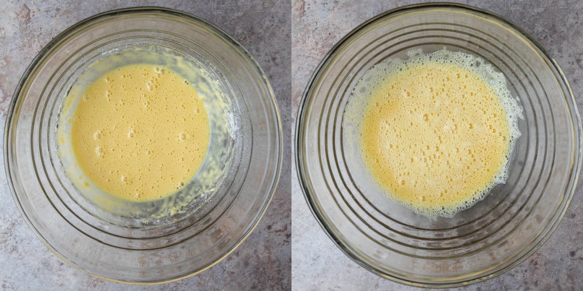 Beaten eggs in a glass mixing bowl