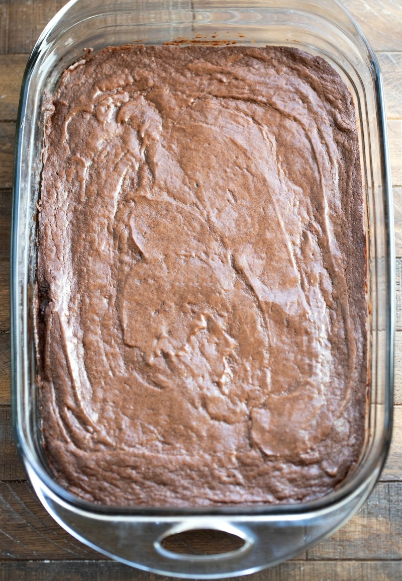 Glass pan of fudgy brownies 