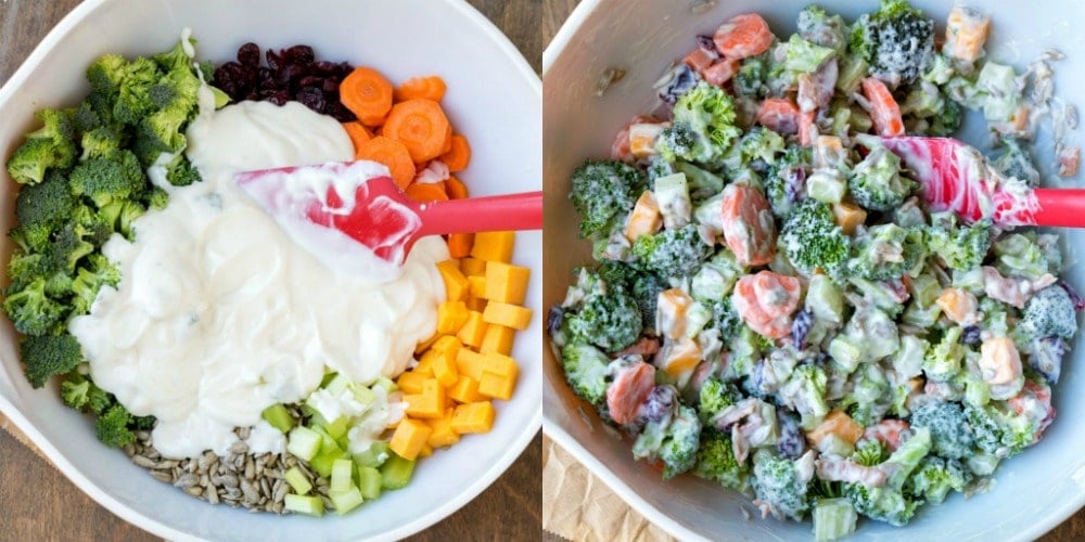 Broccoli salad and dressing stirred together in a bowl.