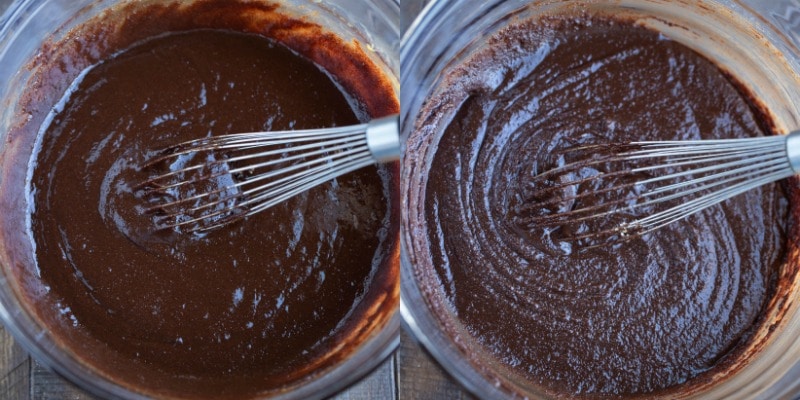 Fudgy brownie batter in a glass bowl