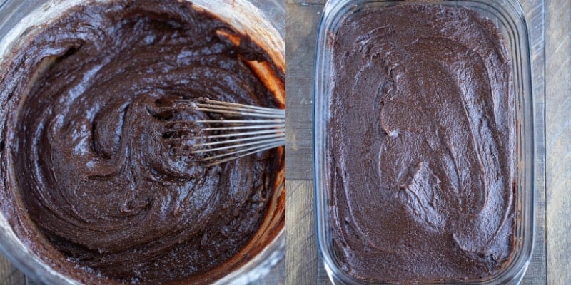 Fudge brownie batter in a glass baking pan