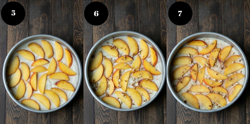 Slices of fresh peach on top of cake batter