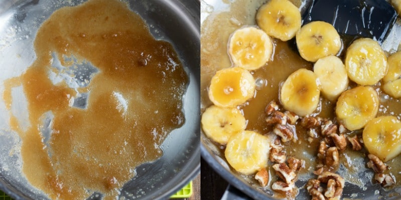 bananas and sugar in pan for caramelized bananas