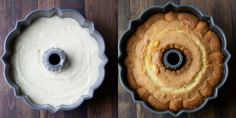 Greek yogurt pound cake batter in a bundt pan