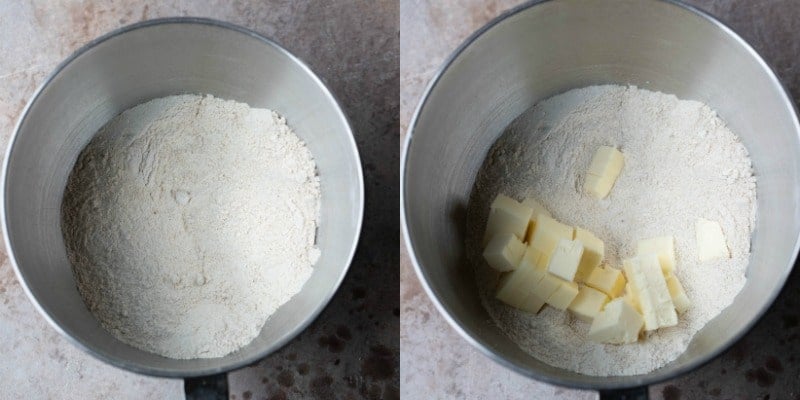 Dry ingredients and cubed butter in a silver mixing bowl