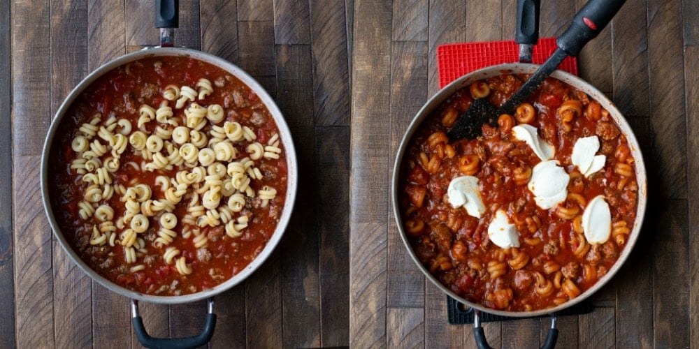 Noodles in sauce for easy skillet lasagna