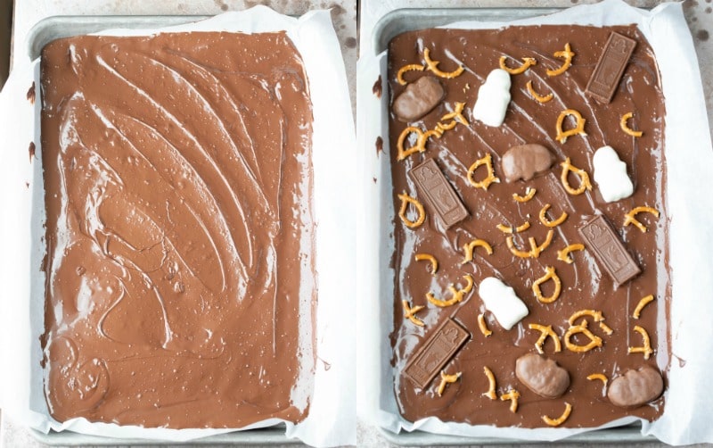 Chocolate ghosts and pumpkins on chocolate bark