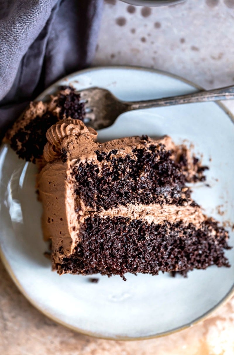 Slice of hot chocolate cake on a blue plate