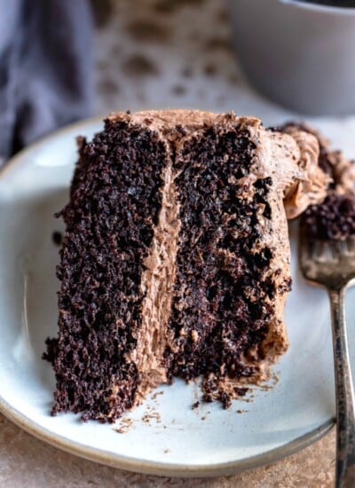 Slice of hot chocolate cake with a piece of it on a fork