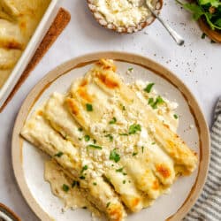 A plate of white chicken enchiladas topped with cilantro and queso fresco.