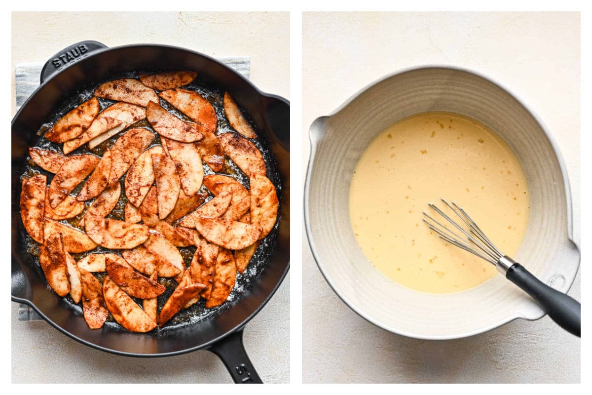 Apples sauteing in butter and sugar next to German pancake batter in a bowl. 