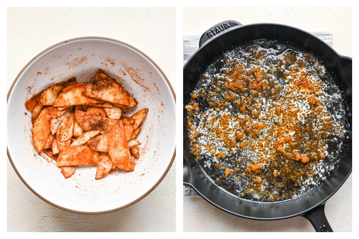 Apples tossed in cinnamon and sugar next to sugar and butter in a skillet.