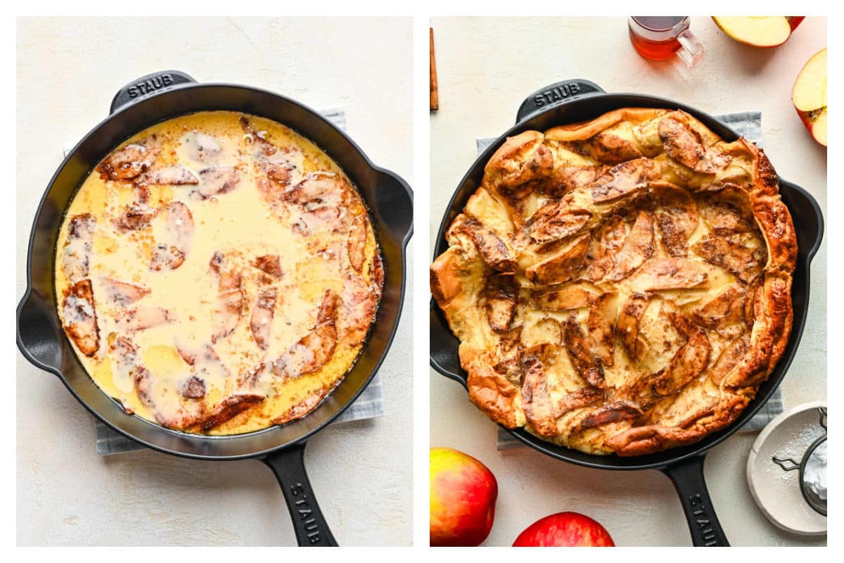 German pancake over apples in a skillet next to the baked German apple pancake.