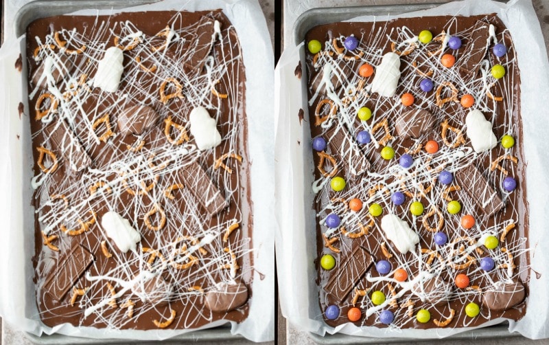 Decorated Halloween candy bark in a baking tray. 