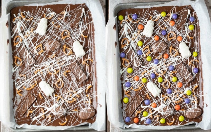Decorated Halloween candy bark in a baking tray.
