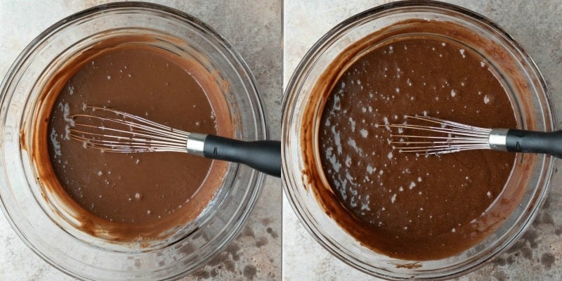 Hot chocolate cake batter in a glass mixing bowl