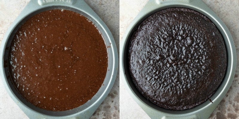 Baked hot chocolate cake in a silver pan