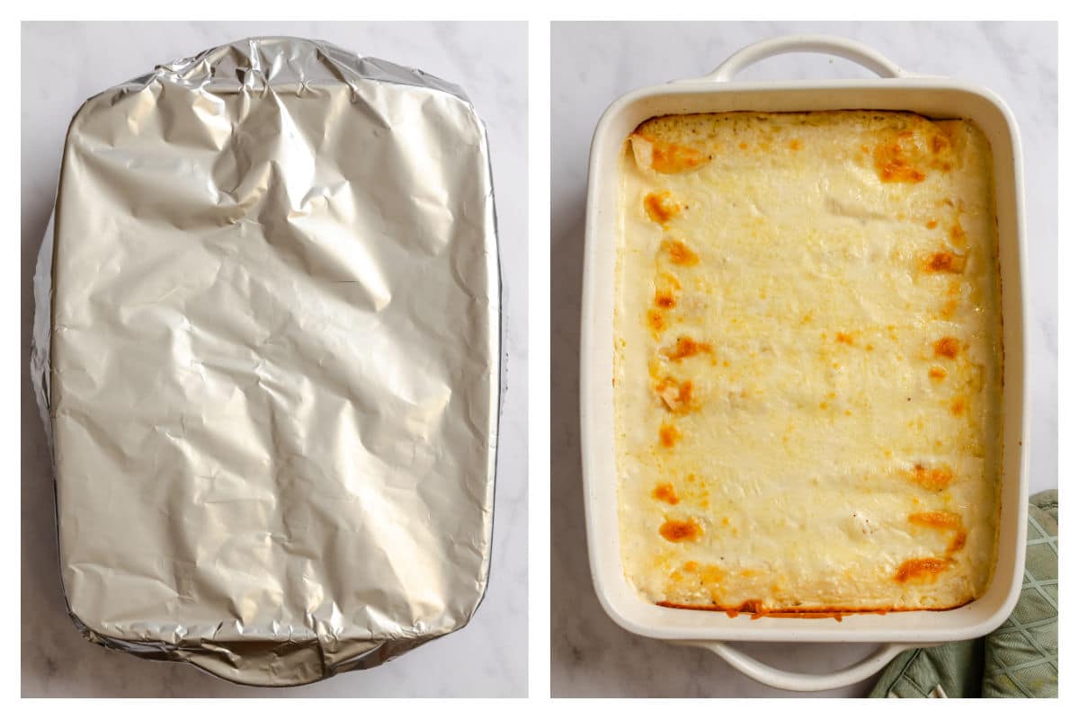 A baking pan covered with foil next to a pan of baked white chicken enchiladas. 