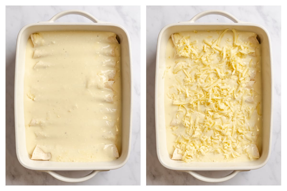 Sauce over rolled up enchiladas next to shredded cheese on top.