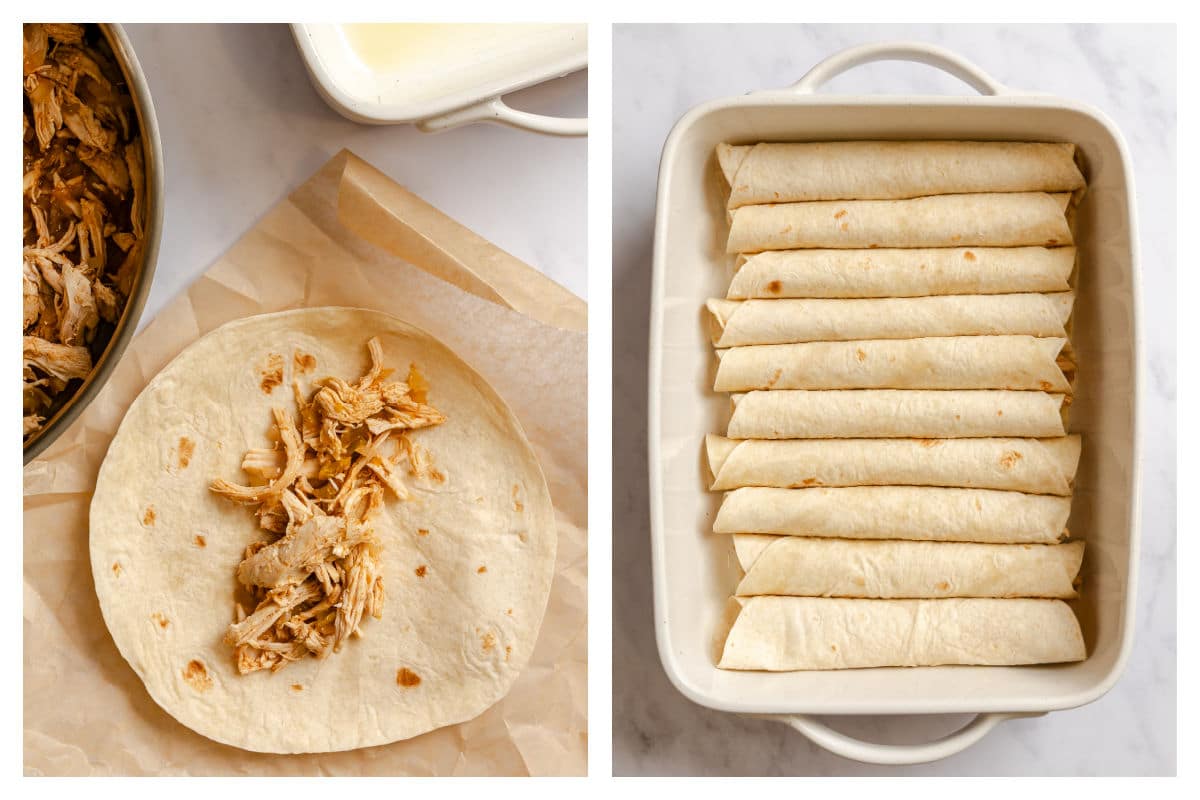Chicken mixture on a tortilla next to enchiladas in a baking dish. 