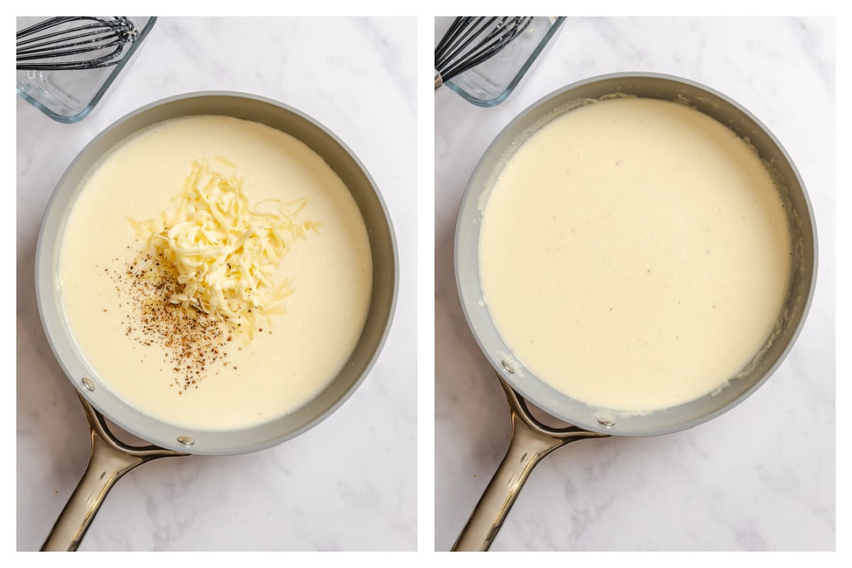 Shredded cheese on cream sauce next to cream sauce in a skillet.