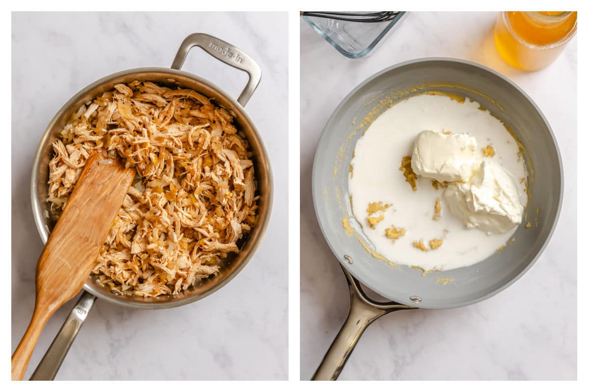 Shredded chicken, broth, and seasonings stirred in. 