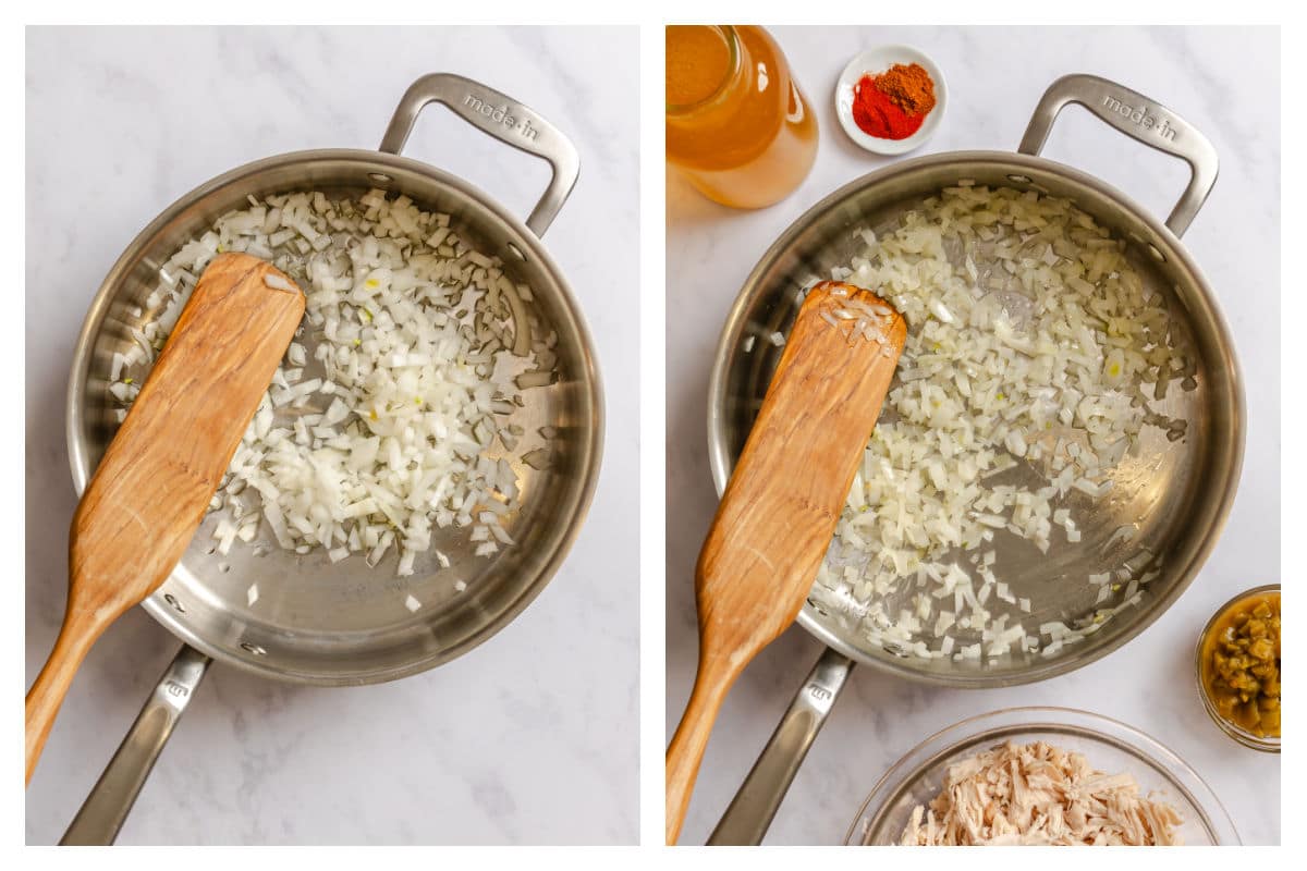 Onion sauteing in a skillet next to garlic stirred in.