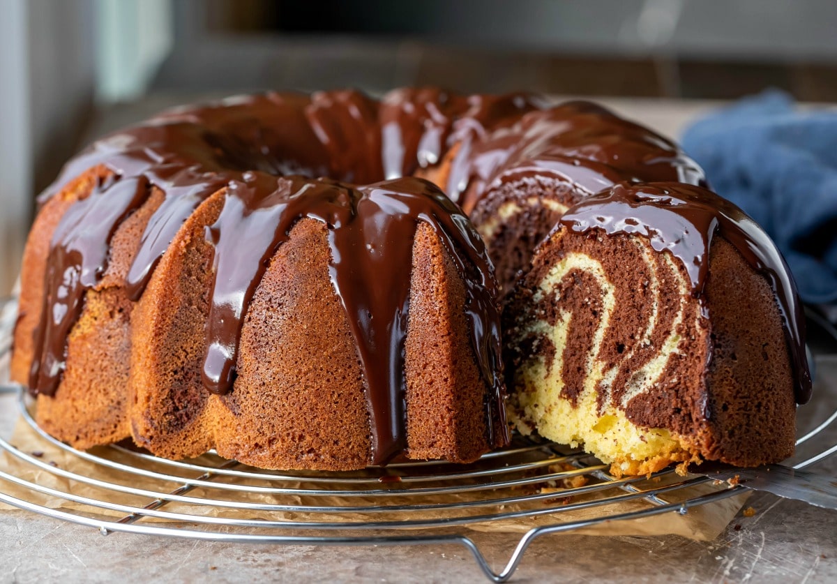 Marble bundt cake on a wire cooling rack