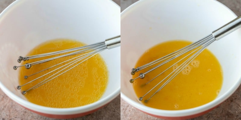 Orange juice and oil in a mixing bowl