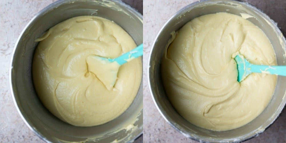 Marble cake batter in a silver mixing bowl