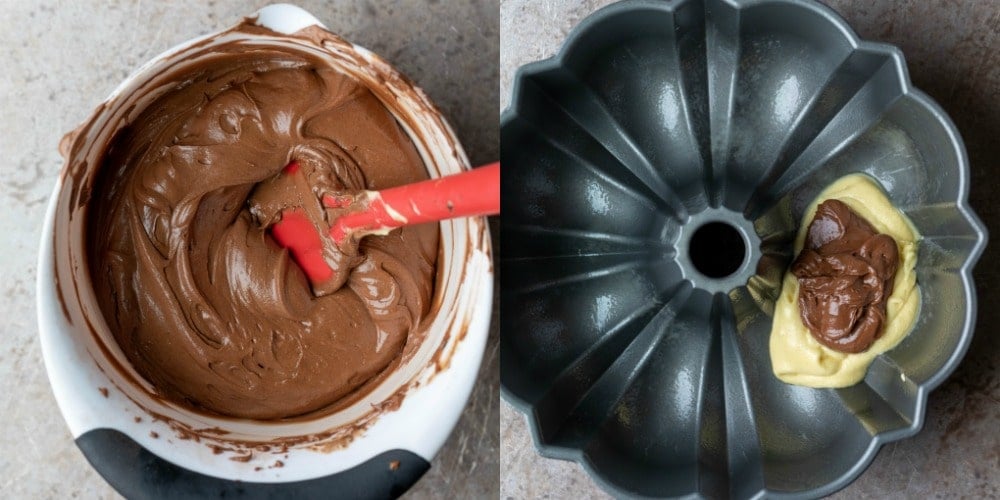 Chocolate cake batter in a white mixing bowl