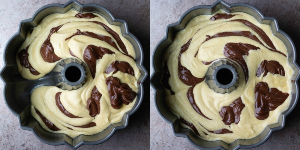 Marble cake batter in a silver bundt pan