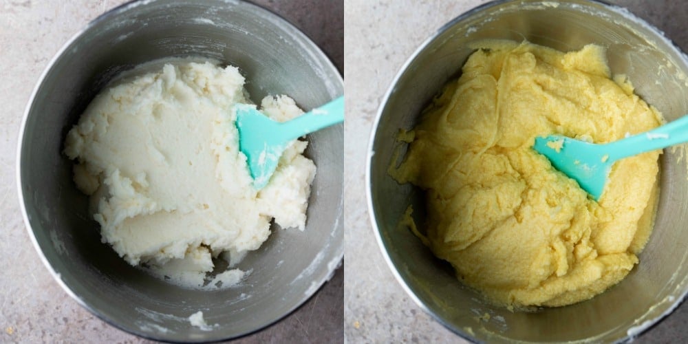 Butter and sugar in a silver mixing bowl