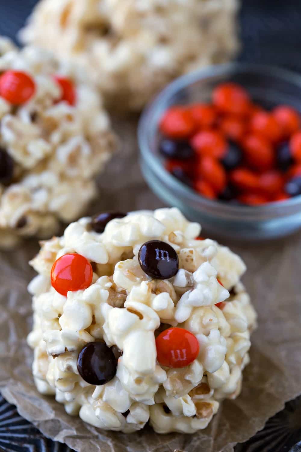 Popcorn balls with M&M's on the outside