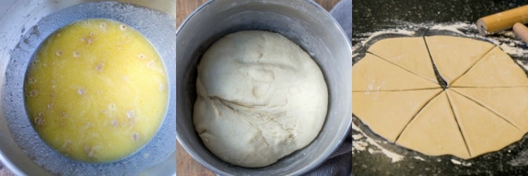 Process photos showing yeast blooming, dough rising, and dough rolled out and cut