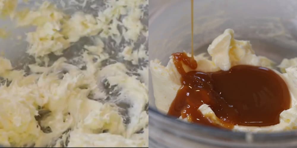 Caramel sauce pouring onto beaten butter.