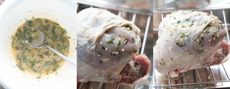 Uncooked turkey breast on a wire roasting pan rack