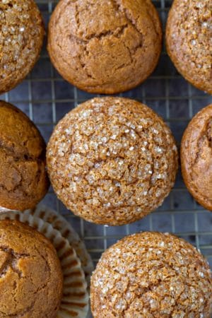 Gingerbread muffins on a wire cooling rack