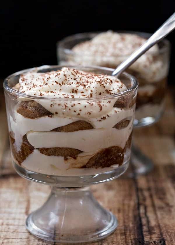 Hot Chocolate Tiramisu layered in a glass trifle dish