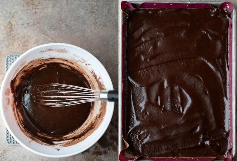 brownie bark batter in a white mixing bowl