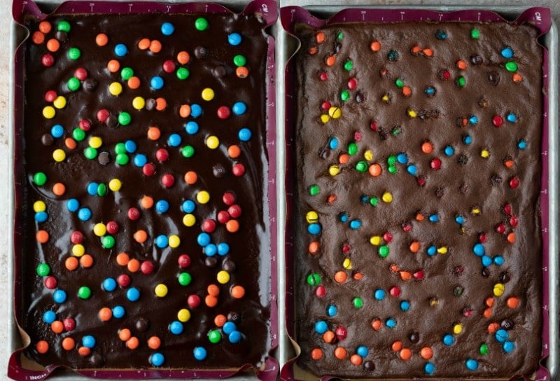 baked and unbaked brownie bark in a silver baking sheet pan