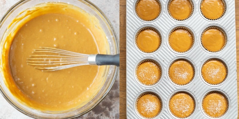 Gingerbread muffin batter in a muffin tin