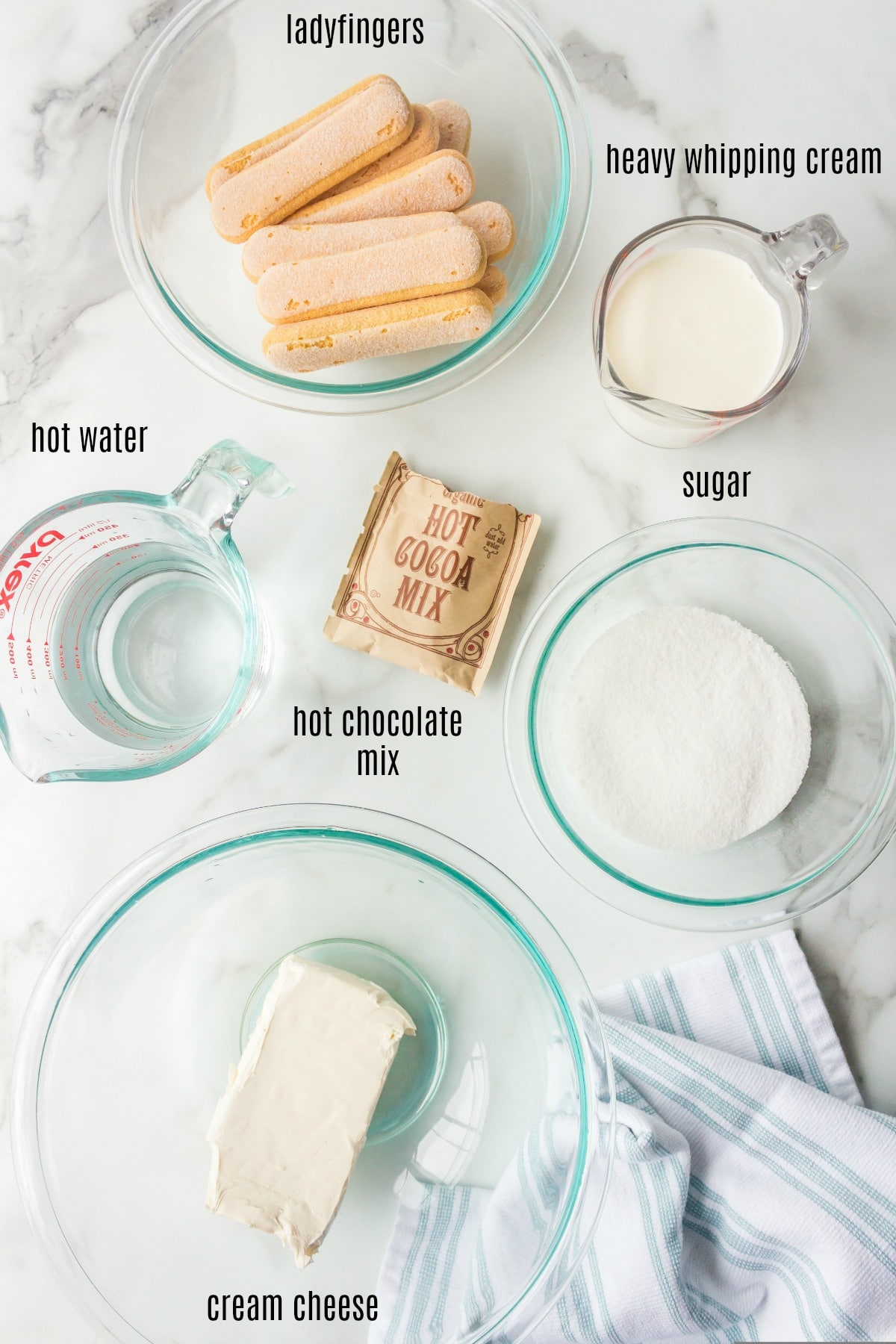 Hot chocolate tiramisu ingredients in dishes