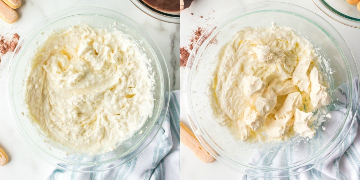 Beaten cream cheese in a glass mixing bowl
