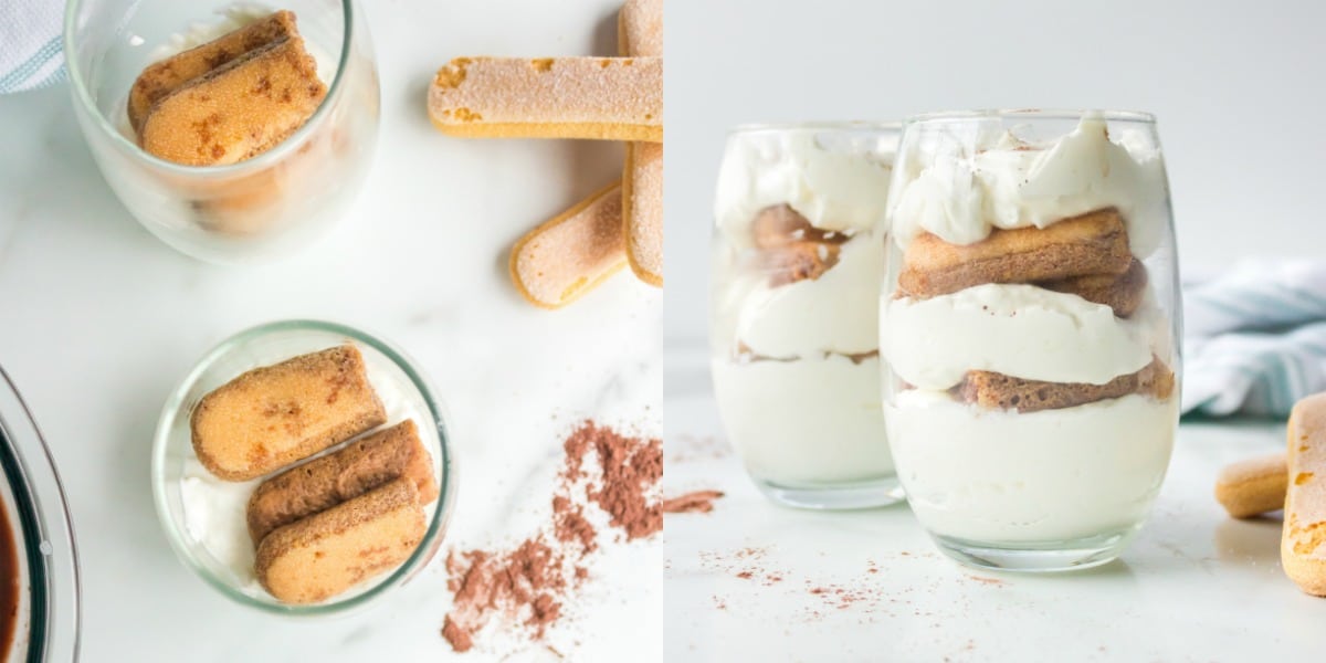 Pieces of chocolate-soaked ladyfingers in a glass dish