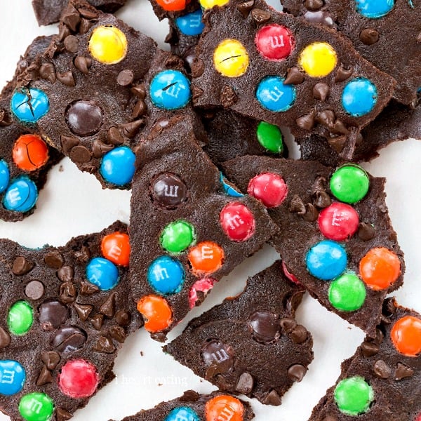 Stacked pieces of M&M brownie bark